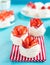 Beautiful pavlova cakes with strawberries on a blue background. Selective focus. Tasty sweet breackfast. Wedding morning. Meringue