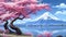 a beautiful peaceful illustration of the mountain fuji and cherry trees in front of it, lake scenery, ai generated image