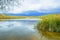 Beautiful peaceful landscape with lake, water reflections from cloudy sky, and rushes and marsh plants