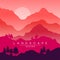 Beautiful peaceful landscape, red and pink mountain ranges at sunset, nature background for banner, flyer, poster and