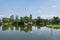 Beautiful peaceful nature, trees and plants on a lake, floating bird house, summertime season, reflection in the water