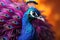 Beautiful peacock on colorful background, closeup. Banner design generative AI Generative AI