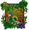 Beautiful Peacock In Forest With Tropical Plant Flower In Wood Square Frame Cartoon