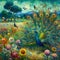 A beautiful peacock with whimsical field of flowers, mountain, tree, van gogh style, painting art, animal, nature view
