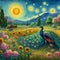 Beautiful peacock in a whimsical field of flowers, sunny day, mountain, tree, plants, painting art, van gogh style, animal