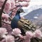 Beautiful peacocks, landscapes of mountains, forest, and cherry blossoms. AI-generated