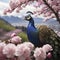 Beautiful peacocks, landscapes of mountains, forest, and cherry blossoms. AI-generated