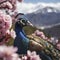 Beautiful peacocks, landscapes of mountains, forest, and cherry blossoms. AI-generated