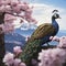 Beautiful peacocks, landscapes of mountains, forest, and cherry blossoms. AI-generated