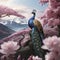 Beautiful peacocks, landscapes of mountains, forest, and cherry blossoms. AI-generated