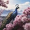 Beautiful peacocks, landscapes of mountains, forest, and cherry blossoms. AI-generated