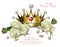 Beautiful pearl crown and white roses Vector realistic. Princess party cards