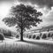 Beautiful pencil sketch of tree in a meadow, daylight