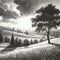 Beautiful pencil sketch of tree in a meadow, daylight