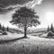 Beautiful pencil sketch of tree in a meadow, daylight