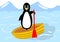 Beautiful penguin floating on a yellow inflatable boat in the Arctic Sea, joyful cute mascot