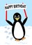 Beautiful penguin walking over snow-covered plane with Happy birthday banner, birthday party for children, joyful cute