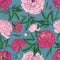 Beautiful peonies seamless pattern. Hand drawn blossom flowers, buds and leaves. Colorful vector illustration.