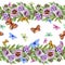 Beautiful peony flowers and bright butterflies on white background. Seamless floral pattern, border. Watercolor painting.