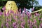 a beautiful perenial garden with bamboo ornament and Digitalis flower