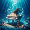 A beautiful piano in disney style, in a whimsical deep sea, music instrument, cartoon