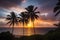 Beautiful picturesque sunset on the seashore with palm trees