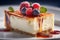 Beautiful piece of delicious cheesecake with fresh raspberries and blueberries