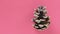 Beautiful pine cone on a red background. New Year and Christmas decorations. Spruce or pine cone close up. Banner