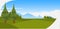 Beautiful pine trees green forest mountains and hills landscape background natural scene horizontal panorama flat