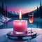 beautiful and pink candle light and pink champagne on ice generated by Ai