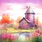 beautiful Pink Farm Barn Watercolor clipart illustration