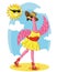 Beautiful pink flamingo wearing summer hat with sun on the beach vector illustration