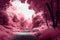 Beautiful pink infrared view into a forest with misty light created with generative AI technology