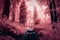 Beautiful pink infrared view into a forest with misty light created with generative AI technology