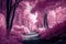 Beautiful pink infrared view into a forest with misty light created with generative AI technology