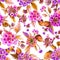 Beautiful pink lantana flowers with orange leaves on white background. Seamless floral pattern. Watercolor painting.