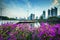 Beautiful pink paper flower and bangkok skyscraper background