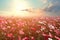 Beautiful pink and red cosmos flower field with sunshine