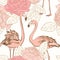 Beautiful pink rose flowers pink flamingo birds seamless pattern. Love couple. Blooming floral elements with leaves.