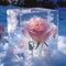 Beautiful pink rose in ice cube on the background of winter forest. Close-up illustration. Generative AI