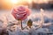 beautiful pink rose in the snow on frosty day