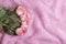 Beautiful pink roses on cozy pastel pink knitted woolen blanket, top view with copy space