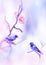 Beautiful pink roses and fantastic colorful small birds in the snow and frost on a blue and pink background. Snowing. Artistic spr