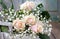 Beautiful pink roses and gypsophila paniculata (Baby\'s-breath