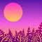 Beautiful pink sunset. Nice gradient background. Big sun. Tropical leaves. Tropical, nature, rest. Background for posters.