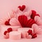 Beautiful pink Valentines day scene mockup with three round podiums, flying ribbed red, pink paper hearts, closeup, square.