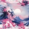 Beautiful pink and white paisley ocean and mountains in expressive manga style (tiled)