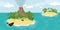 Beautiful pirate islands with coconut palms, an erupting volcano, boat and a treasure chest. Vector illustration of beach islands