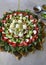 Beautiful plate display of homemade Labane cheese balls with Olive oil, za`atar pita bread toast and fresh vegetabl