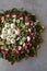 Beautiful plate display of homemade Labane cheese balls with Olive oil, za`atar pita bread toast and fresh vegetabl